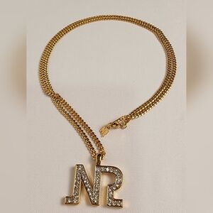 Nina Ricci Big Initial Rhinestones CZ Gold Necklace Vintage